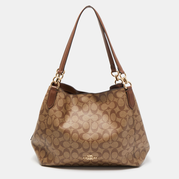 Coach Bags Coach Brown Signature Coated Canvas Hallie Shoulder Bag